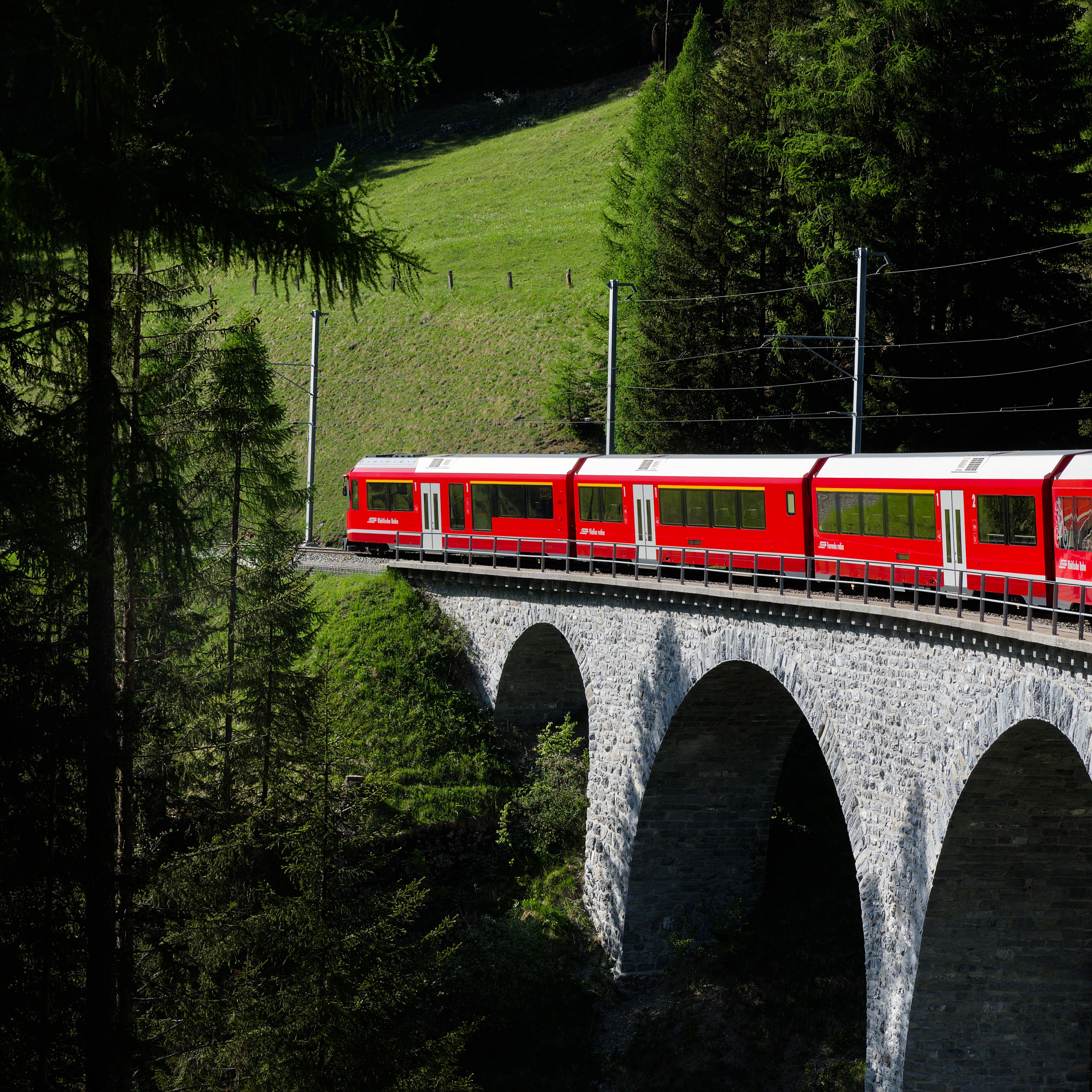 Rhätische Bahn auf einem Viadukt in Graubünden